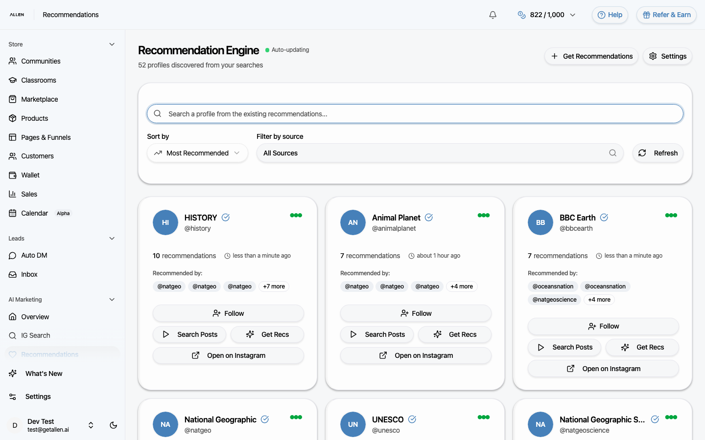 What "Open the Recommendations page" looks like